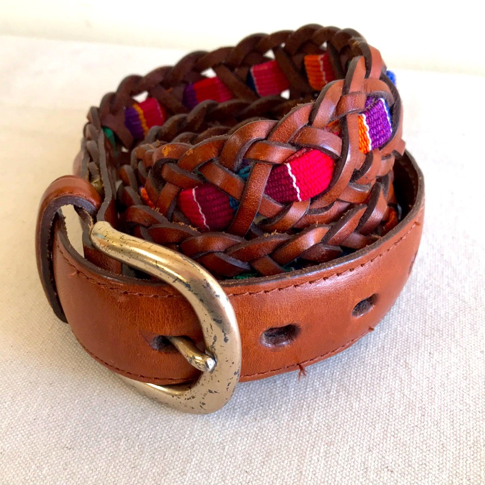 Fossil belt sz M braided brown leather w Guatemalan woven strap Boho festival